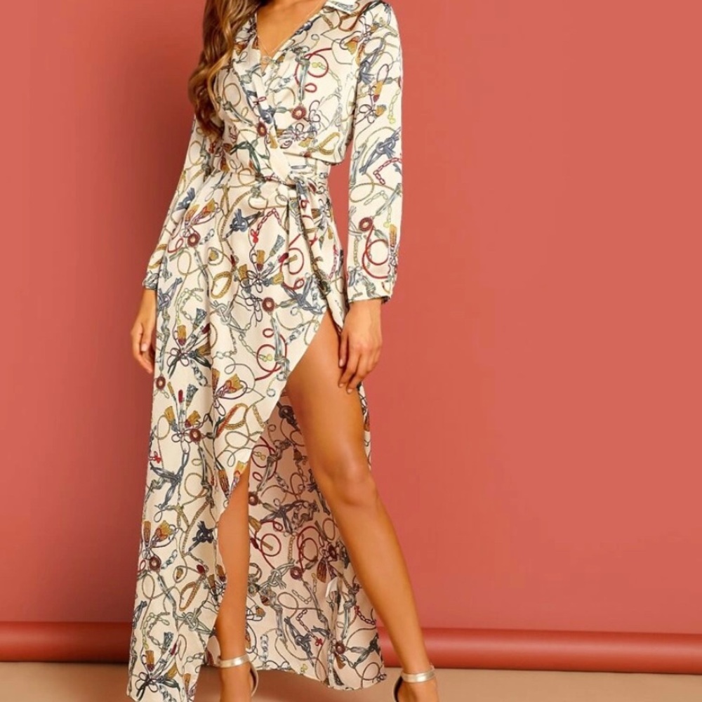 Shein chain print split surplice maxi shirt dress